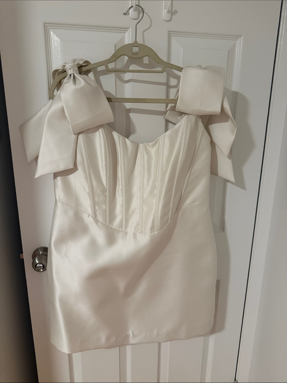 ALFRED SUNG Satin Ivory Mini Dress with Statement Shoulder Bows